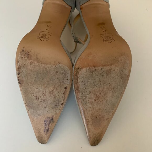 Designer Dove Blue Suede Stiletto T-Strap Heels - Picture 9 of 11